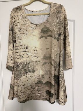 Beige Printed Scoop Neck Tunic with Script Motif